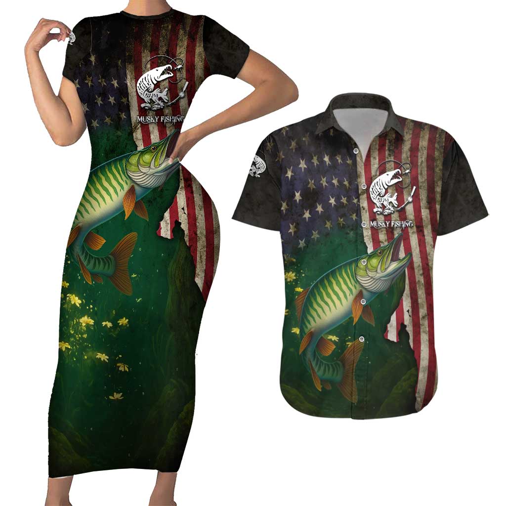 Musky Fishing Design Couples Matching Short Sleeve Bodycon Dress and Hawaiian Shirt with American Flag Background and Custom Name Print - Wonder Print Shop