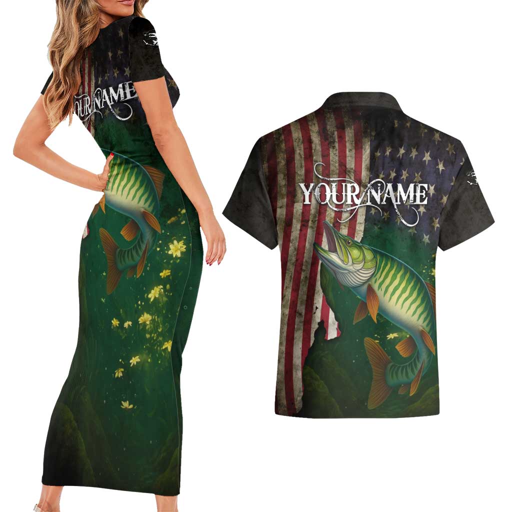 Musky Fishing Design Couples Matching Short Sleeve Bodycon Dress and Hawaiian Shirt with American Flag Background and Custom Name Print - Wonder Print Shop