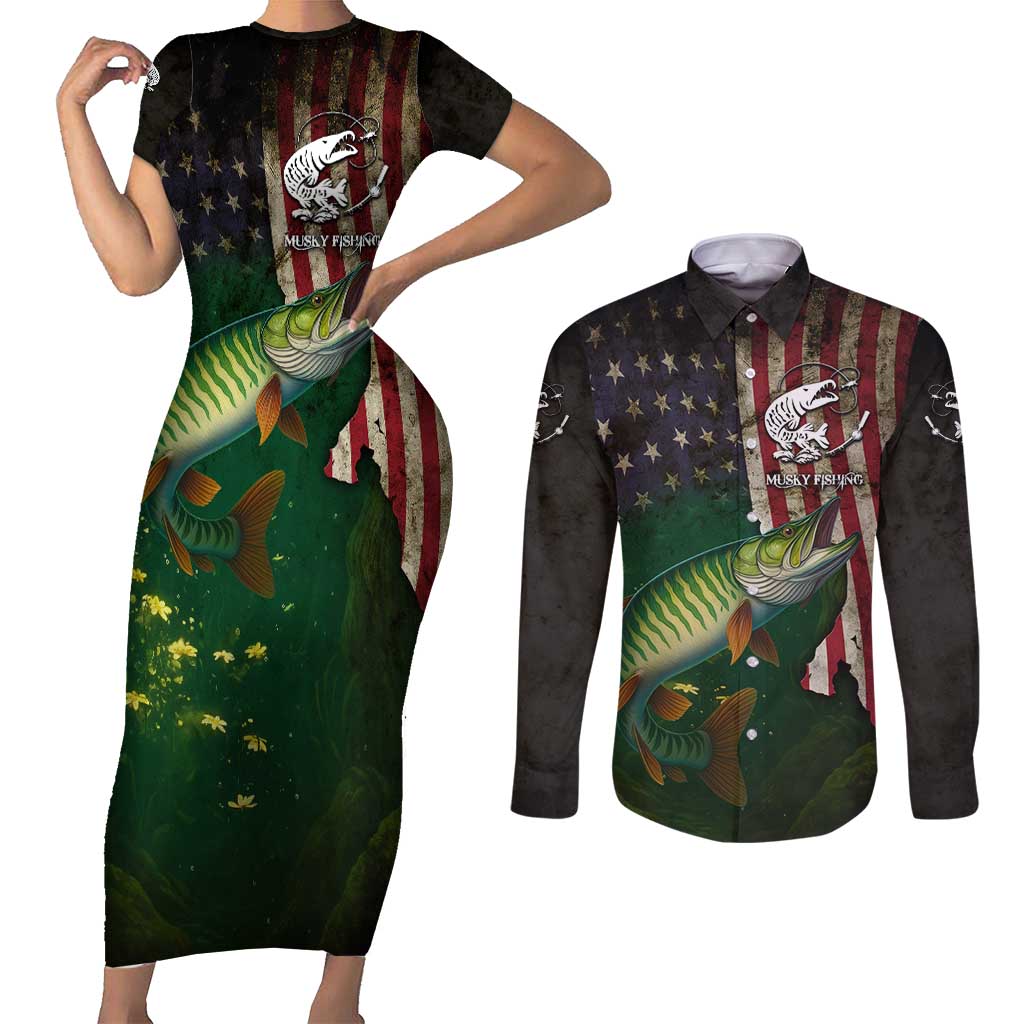 Musky Fishing Design Couples Matching Short Sleeve Bodycon Dress and Long Sleeve Button Shirt with American Flag Background and Custom Name Print - Wonder Print Shop