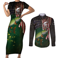 Musky Fishing Design Couples Matching Short Sleeve Bodycon Dress and Long Sleeve Button Shirt with American Flag Background and Custom Name Print - Wonder Print Shop