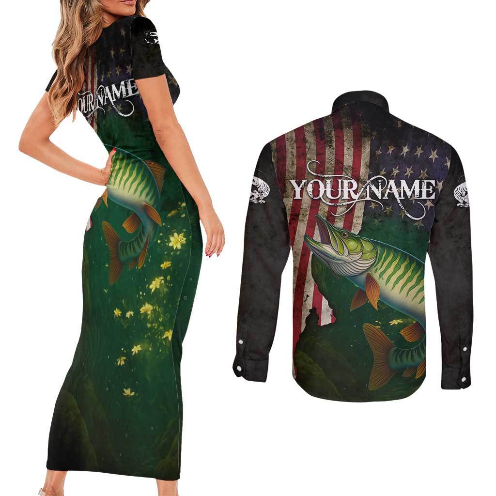 Musky Fishing Design Couples Matching Short Sleeve Bodycon Dress and Long Sleeve Button Shirt with American Flag Background and Custom Name Print - Wonder Print Shop