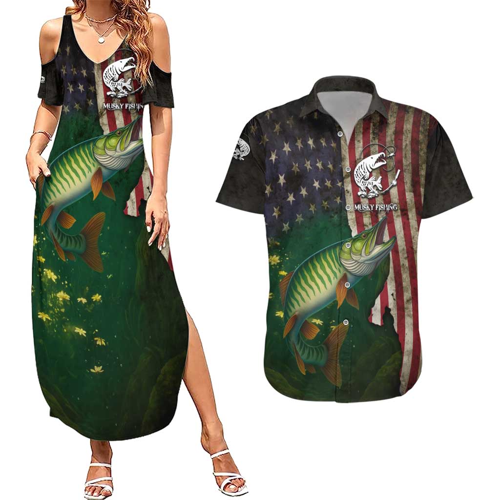 Musky Fishing Design Couples Matching Summer Maxi Dress and Hawaiian Shirt with American Flag Background and Custom Name Print - Wonder Print Shop
