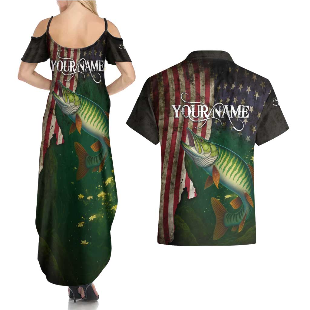 Musky Fishing Design Couples Matching Summer Maxi Dress and Hawaiian Shirt with American Flag Background and Custom Name Print - Wonder Print Shop