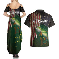 Musky Fishing Design Couples Matching Summer Maxi Dress and Hawaiian Shirt with American Flag Background and Custom Name Print - Wonder Print Shop