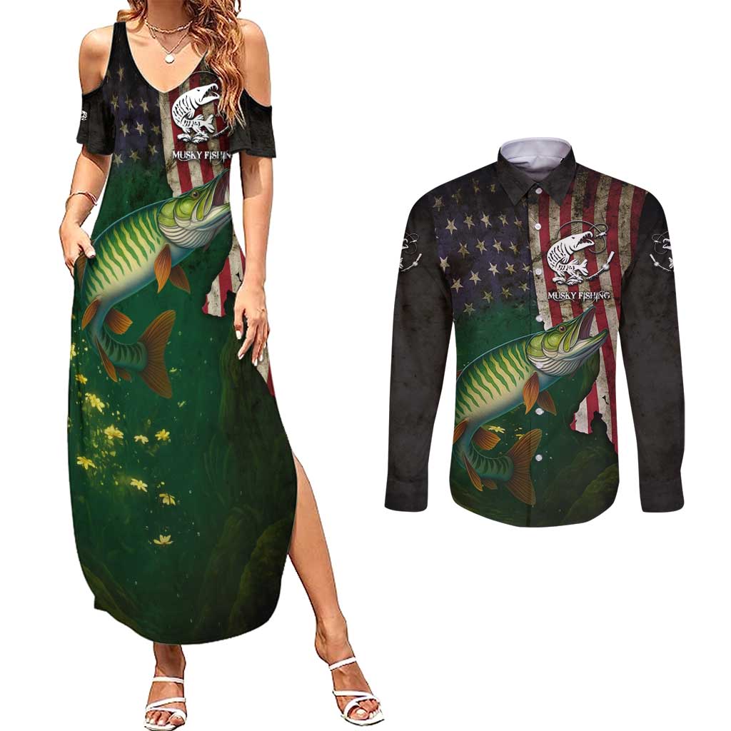Musky Fishing Design Couples Matching Summer Maxi Dress and Long Sleeve Button Shirt with American Flag Background and Custom Name Print - Wonder Print Shop