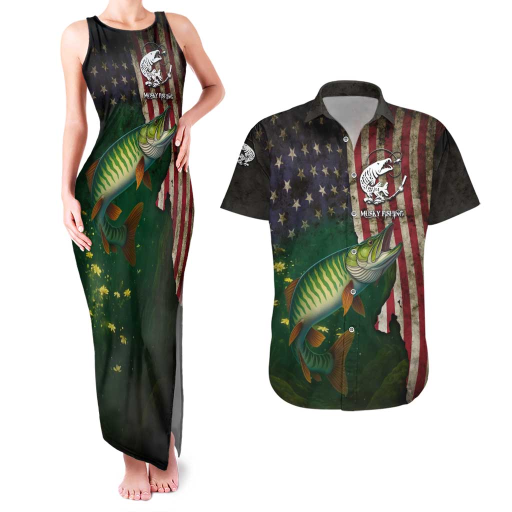 Musky Fishing Design Couples Matching Tank Maxi Dress and Hawaiian Shirt with American Flag Background and Custom Name Print - Wonder Print Shop