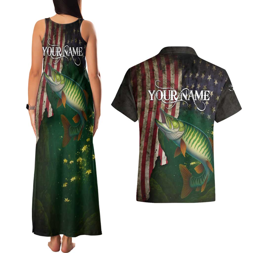 Musky Fishing Design Couples Matching Tank Maxi Dress and Hawaiian Shirt with American Flag Background and Custom Name Print - Wonder Print Shop
