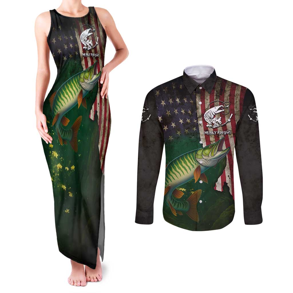 Musky Fishing Design Couples Matching Tank Maxi Dress and Long Sleeve Button Shirt with American Flag Background and Custom Name Print - Wonder Print Shop
