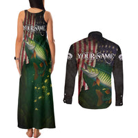 Musky Fishing Design Couples Matching Tank Maxi Dress and Long Sleeve Button Shirt with American Flag Background and Custom Name Print - Wonder Print Shop