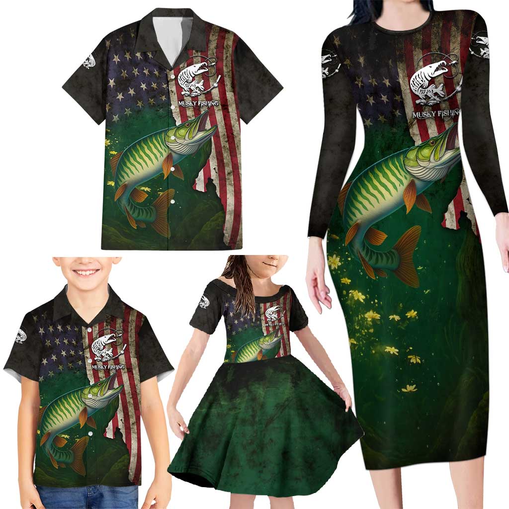 Musky Fishing Design Family Matching Long Sleeve Bodycon Dress and Hawaiian Shirt with American Flag Background and Custom Name Print - Wonder Print Shop