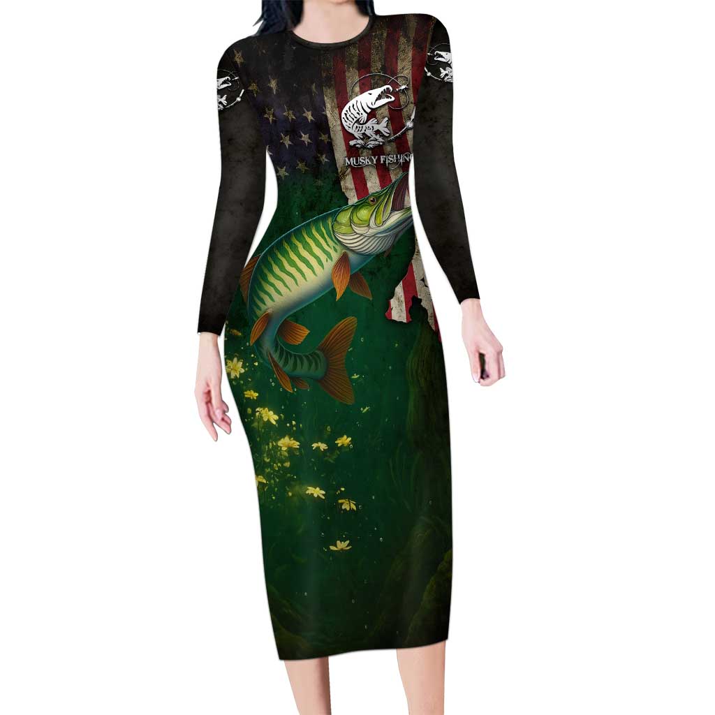 Musky Fishing Design Family Matching Long Sleeve Bodycon Dress and Hawaiian Shirt with American Flag Background and Custom Name Print - Wonder Print Shop