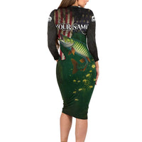 Musky Fishing Design Family Matching Long Sleeve Bodycon Dress and Hawaiian Shirt with American Flag Background and Custom Name Print - Wonder Print Shop