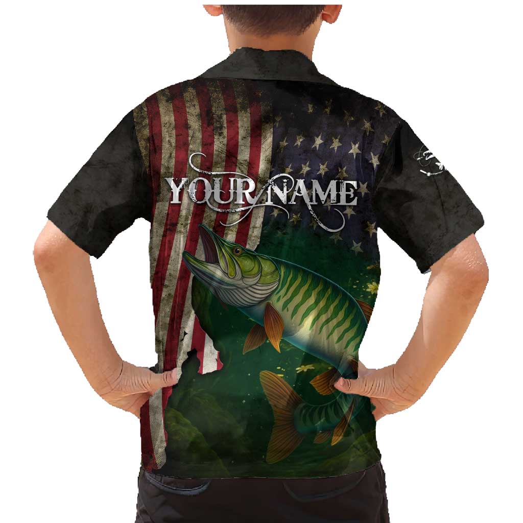 Musky Fishing Design Family Matching Mermaid Dress and Hawaiian Shirt with American Flag Background and Custom Name Print - Wonder Print Shop