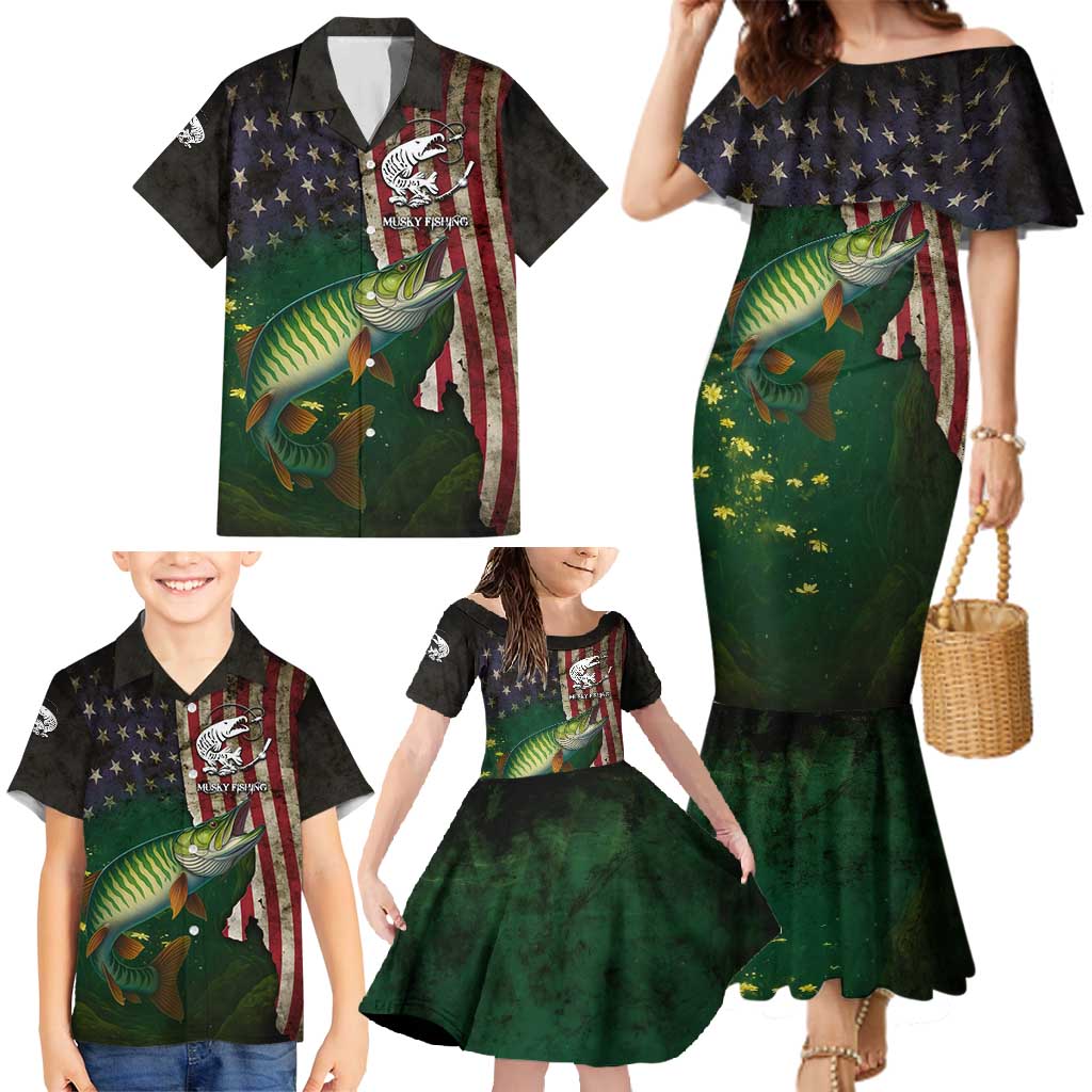 Musky Fishing Design Family Matching Mermaid Dress and Hawaiian Shirt with American Flag Background and Custom Name Print - Wonder Print Shop