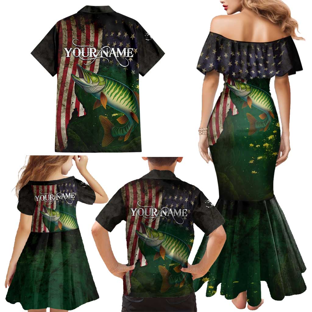 Musky Fishing Design Family Matching Mermaid Dress and Hawaiian Shirt with American Flag Background and Custom Name Print - Wonder Print Shop