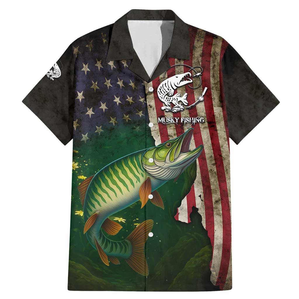 Musky Fishing Design Family Matching Mermaid Dress and Hawaiian Shirt with American Flag Background and Custom Name Print - Wonder Print Shop