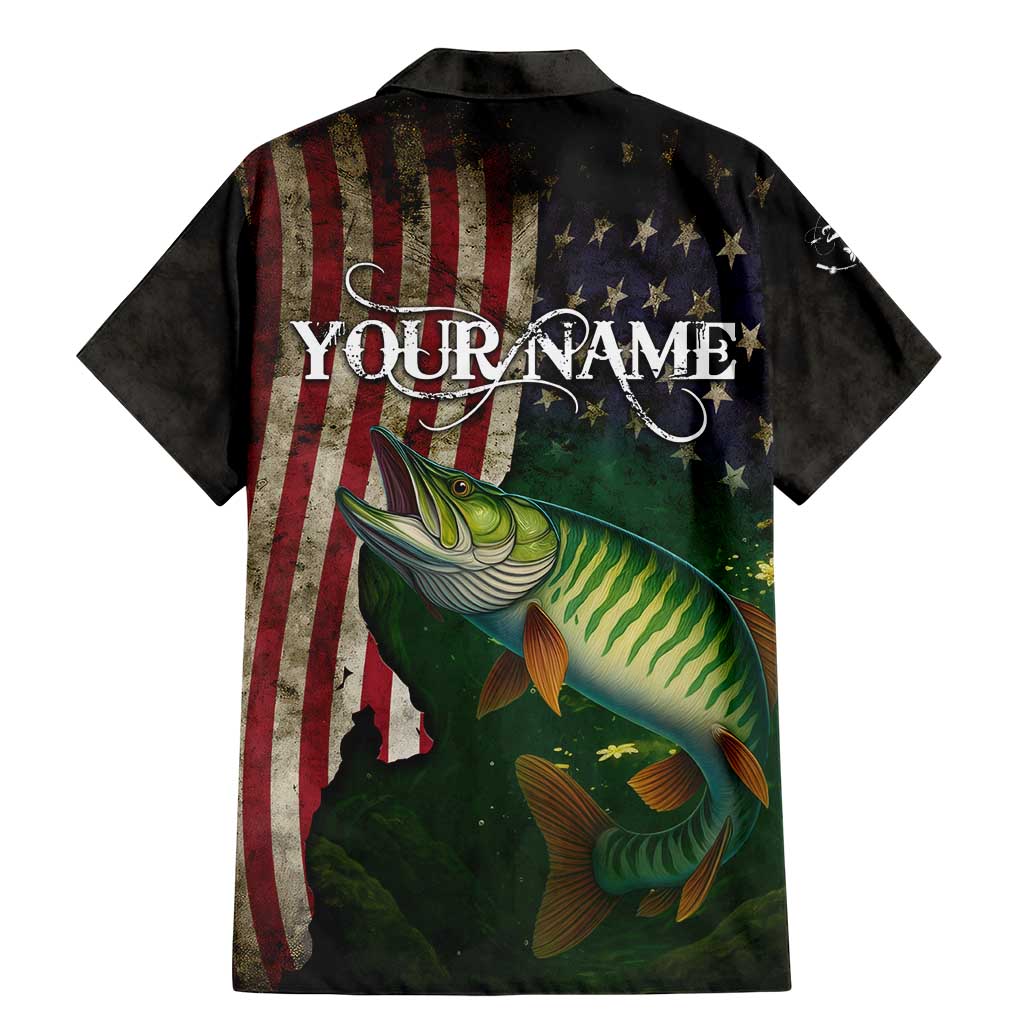 Musky Fishing Design Family Matching Mermaid Dress and Hawaiian Shirt with American Flag Background and Custom Name Print - Wonder Print Shop