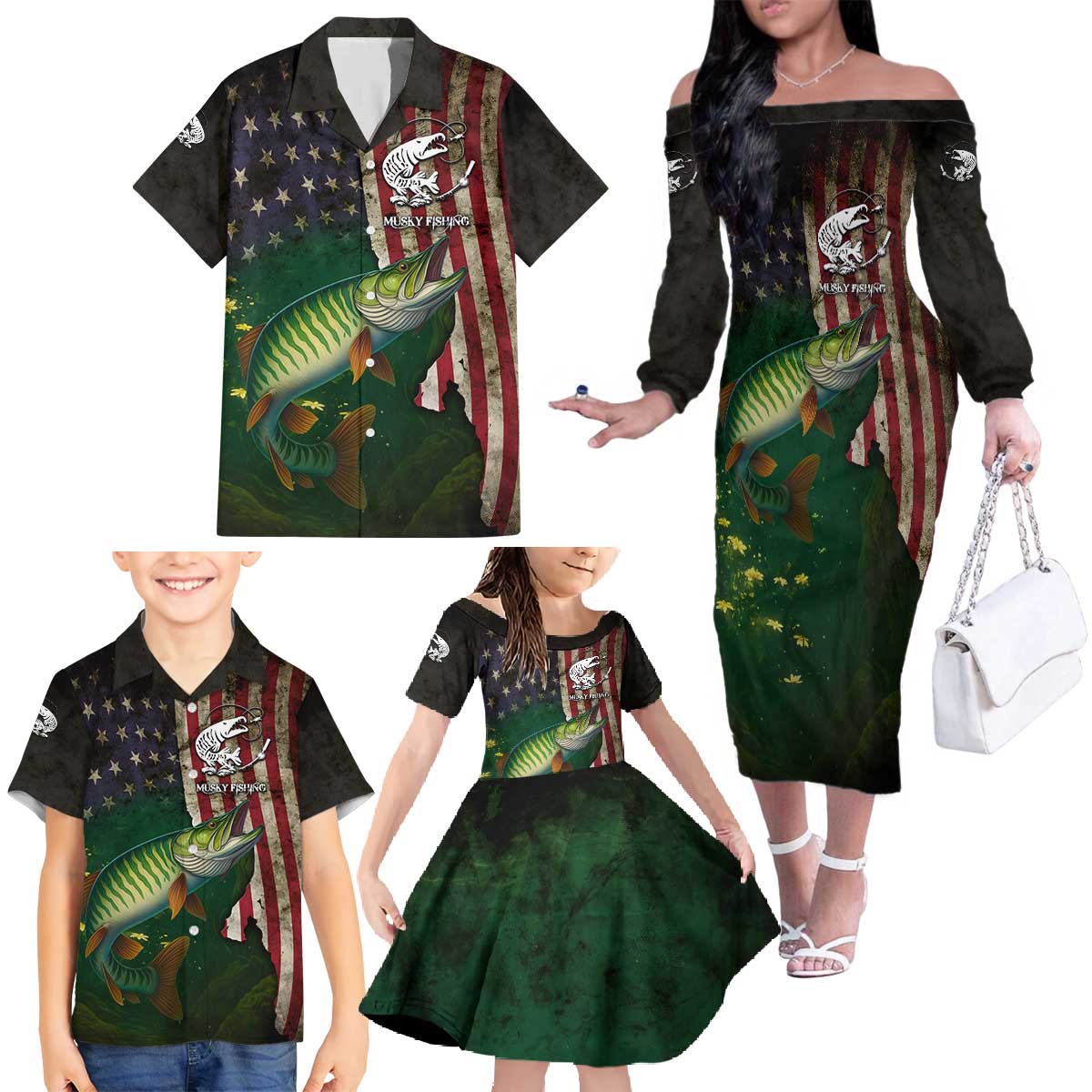 Musky Fishing Design Family Matching Off The Shoulder Long Sleeve Dress and Hawaiian Shirt with American Flag Background and Custom Name Print - Wonder Print Shop