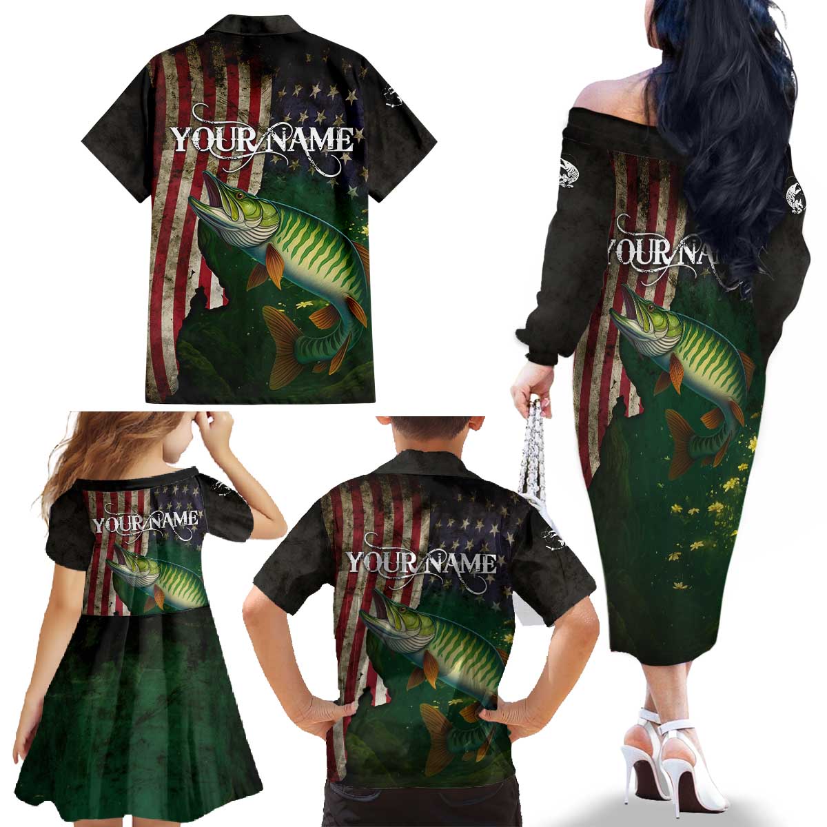 Musky Fishing Design Family Matching Off The Shoulder Long Sleeve Dress and Hawaiian Shirt with American Flag Background and Custom Name Print - Wonder Print Shop