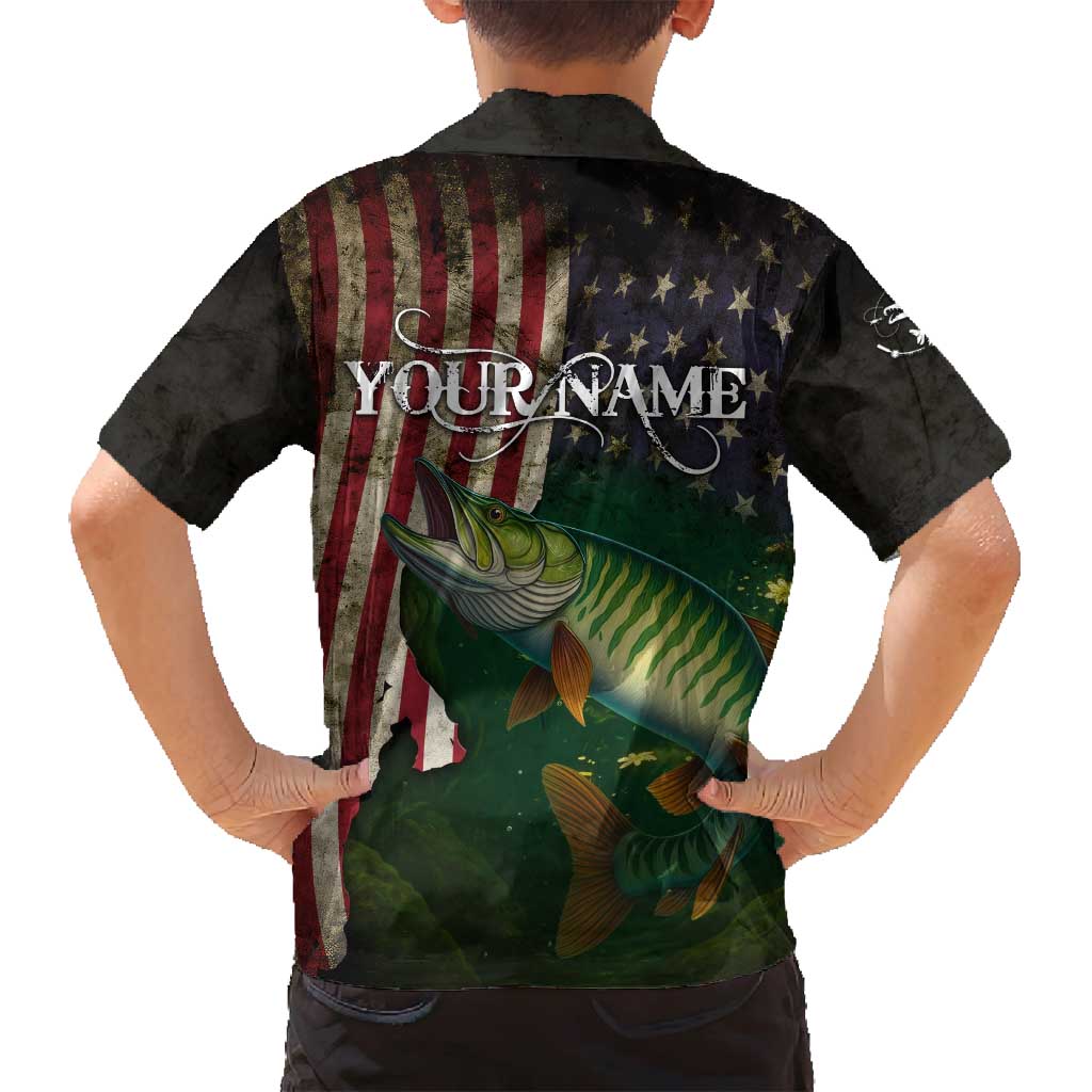 Musky Fishing Design Family Matching Off Shoulder Maxi Dress and Hawaiian Shirt with American Flag Background and Custom Name Print - Wonder Print Shop