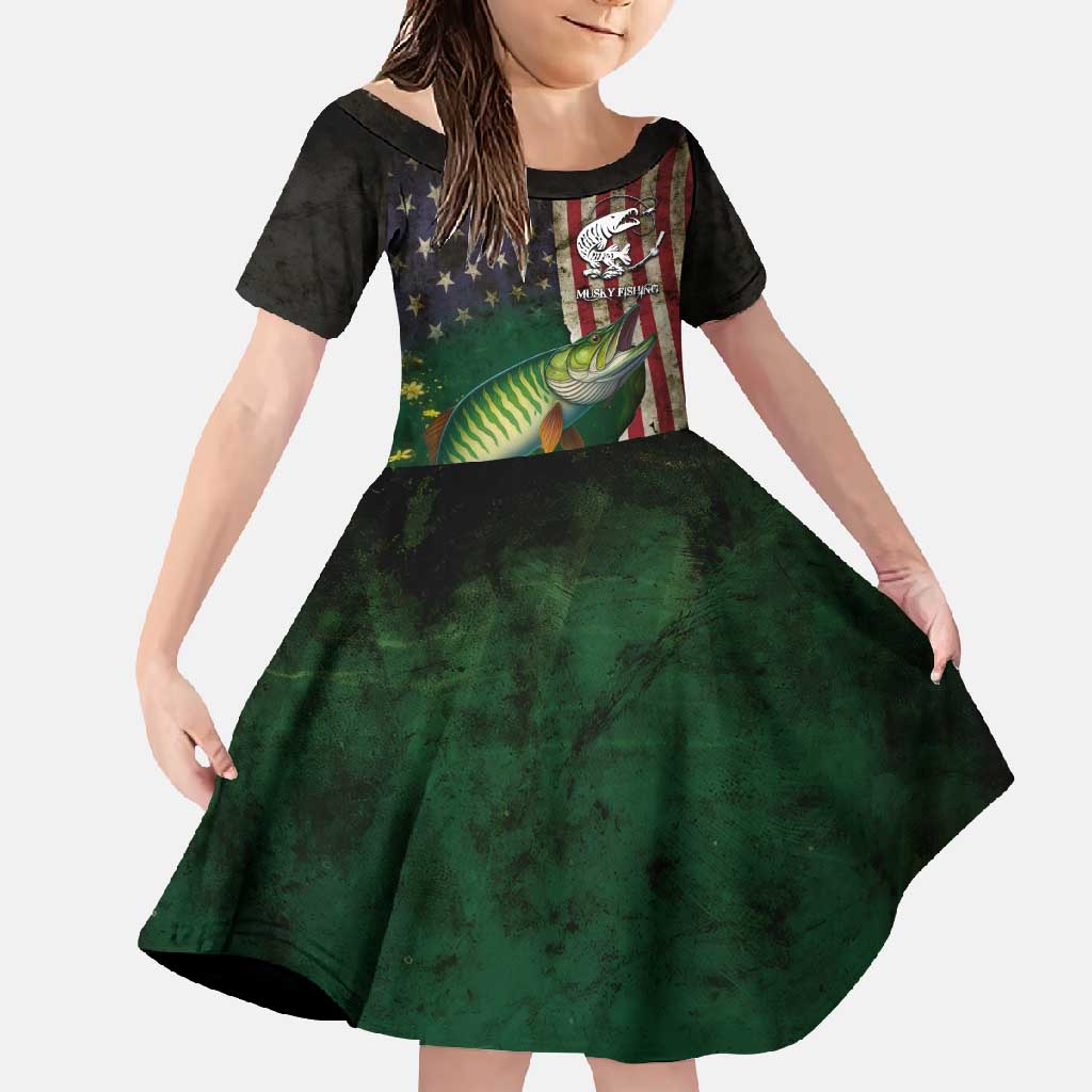 Musky Fishing Design Family Matching Off Shoulder Maxi Dress and Hawaiian Shirt with American Flag Background and Custom Name Print - Wonder Print Shop