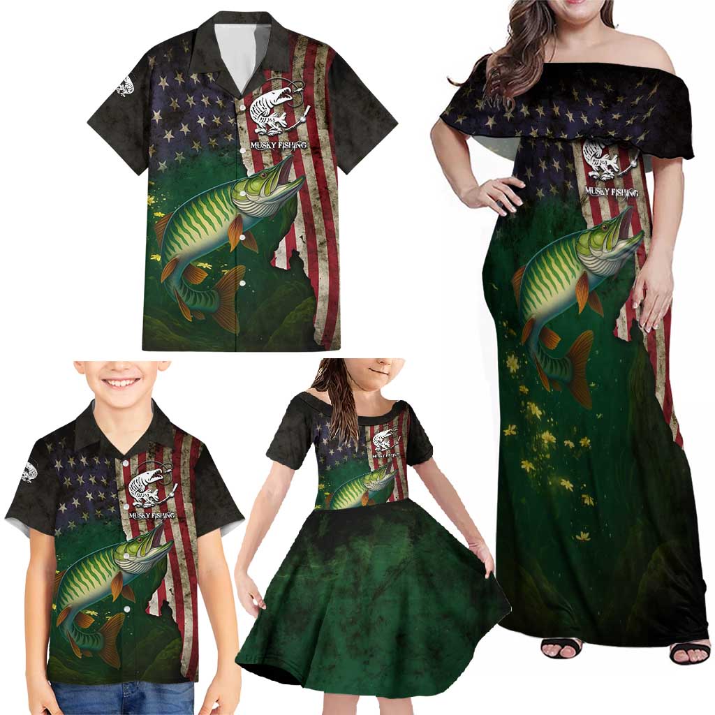 Musky Fishing Design Family Matching Off Shoulder Maxi Dress and Hawaiian Shirt with American Flag Background and Custom Name Print - Wonder Print Shop