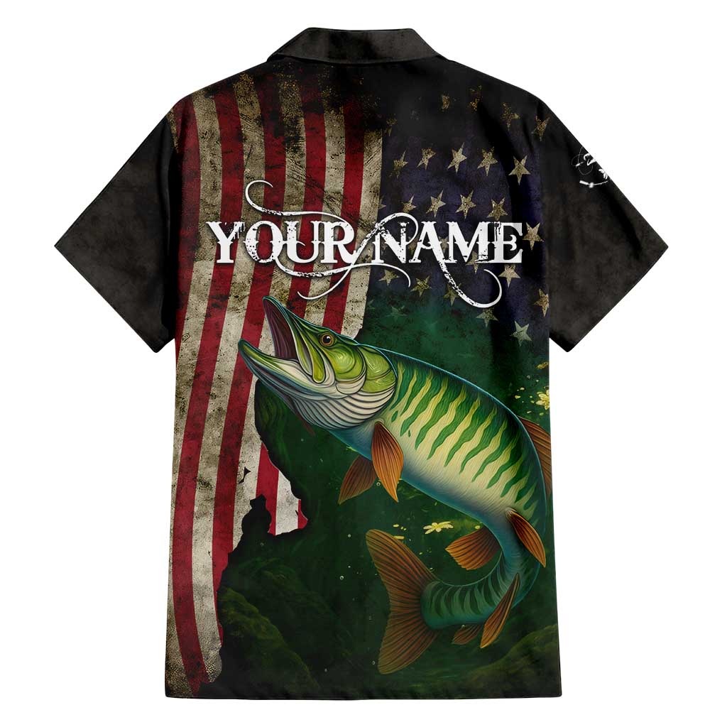 Musky Fishing Design Family Matching Off Shoulder Maxi Dress and Hawaiian Shirt with American Flag Background and Custom Name Print - Wonder Print Shop