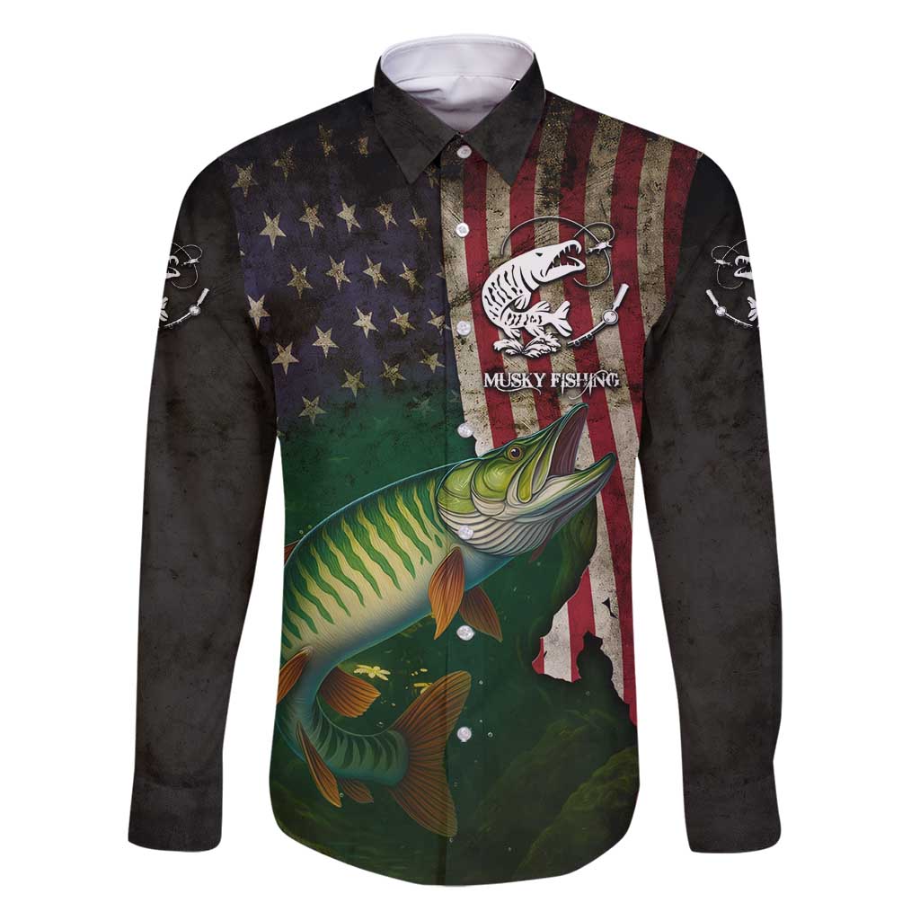 Musky Fishing Design Family Matching Off Shoulder Maxi Dress and Hawaiian Shirt with American Flag Background and Custom Name Print - Wonder Print Shop