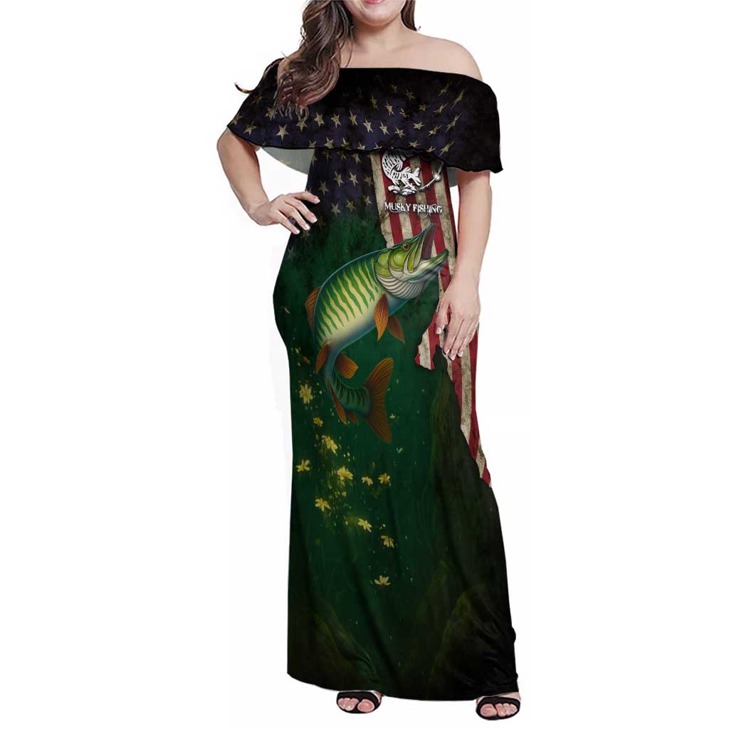 Musky Fishing Design Family Matching Off Shoulder Maxi Dress and Hawaiian Shirt with American Flag Background and Custom Name Print - Wonder Print Shop