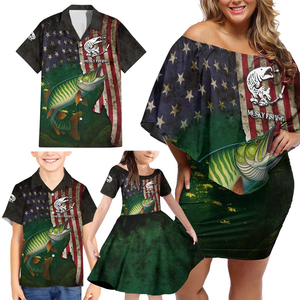 Musky Fishing Design Family Matching Off Shoulder Short Dress and Hawaiian Shirt with American Flag Background and Custom Name Print - Wonder Print Shop