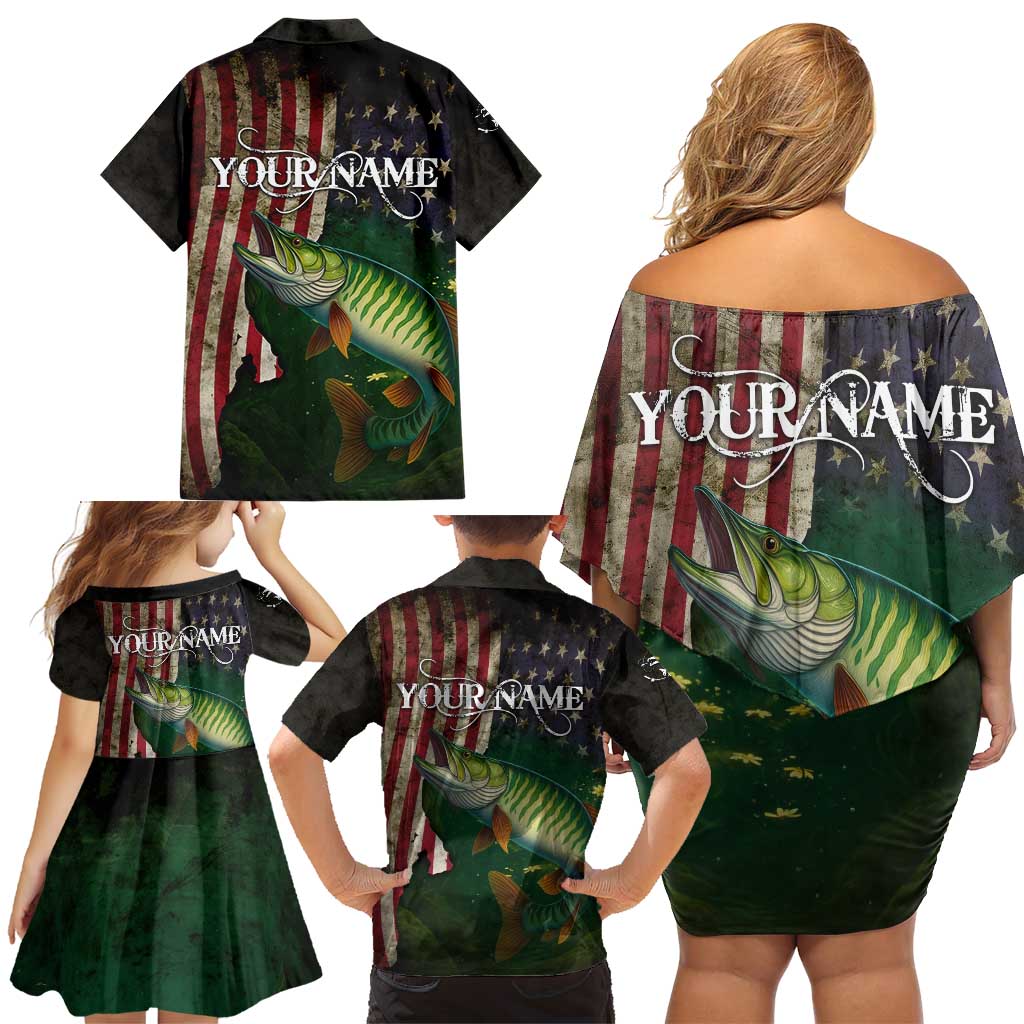 Musky Fishing Design Family Matching Off Shoulder Short Dress and Hawaiian Shirt with American Flag Background and Custom Name Print - Wonder Print Shop
