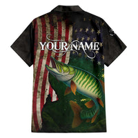 Musky Fishing Design Family Matching Off Shoulder Short Dress and Hawaiian Shirt with American Flag Background and Custom Name Print - Wonder Print Shop