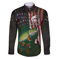 Musky Fishing Design Family Matching Off Shoulder Short Dress and Hawaiian Shirt with American Flag Background and Custom Name Print - Wonder Print Shop