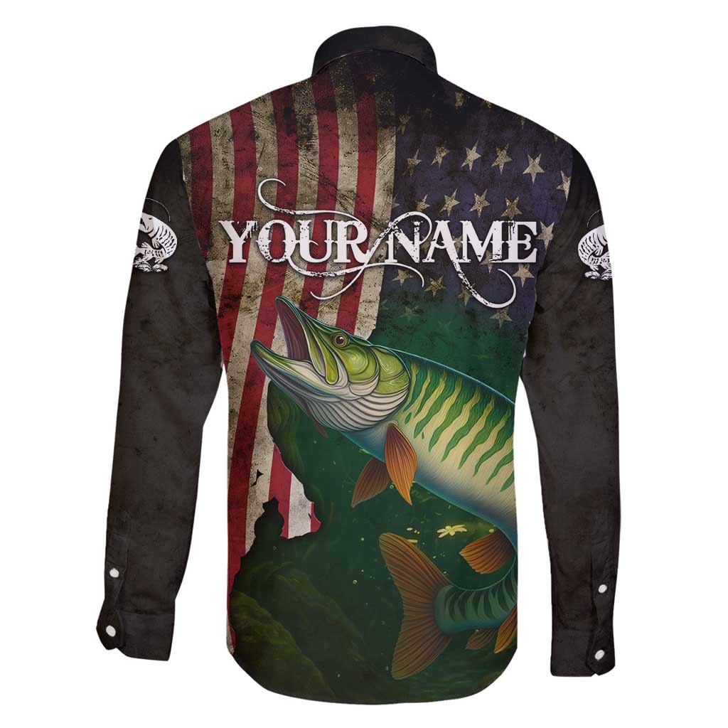 Musky Fishing Design Family Matching Off Shoulder Short Dress and Hawaiian Shirt with American Flag Background and Custom Name Print - Wonder Print Shop