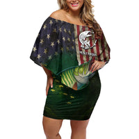 Musky Fishing Design Family Matching Off Shoulder Short Dress and Hawaiian Shirt with American Flag Background and Custom Name Print - Wonder Print Shop