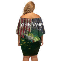 Musky Fishing Design Family Matching Off Shoulder Short Dress and Hawaiian Shirt with American Flag Background and Custom Name Print - Wonder Print Shop