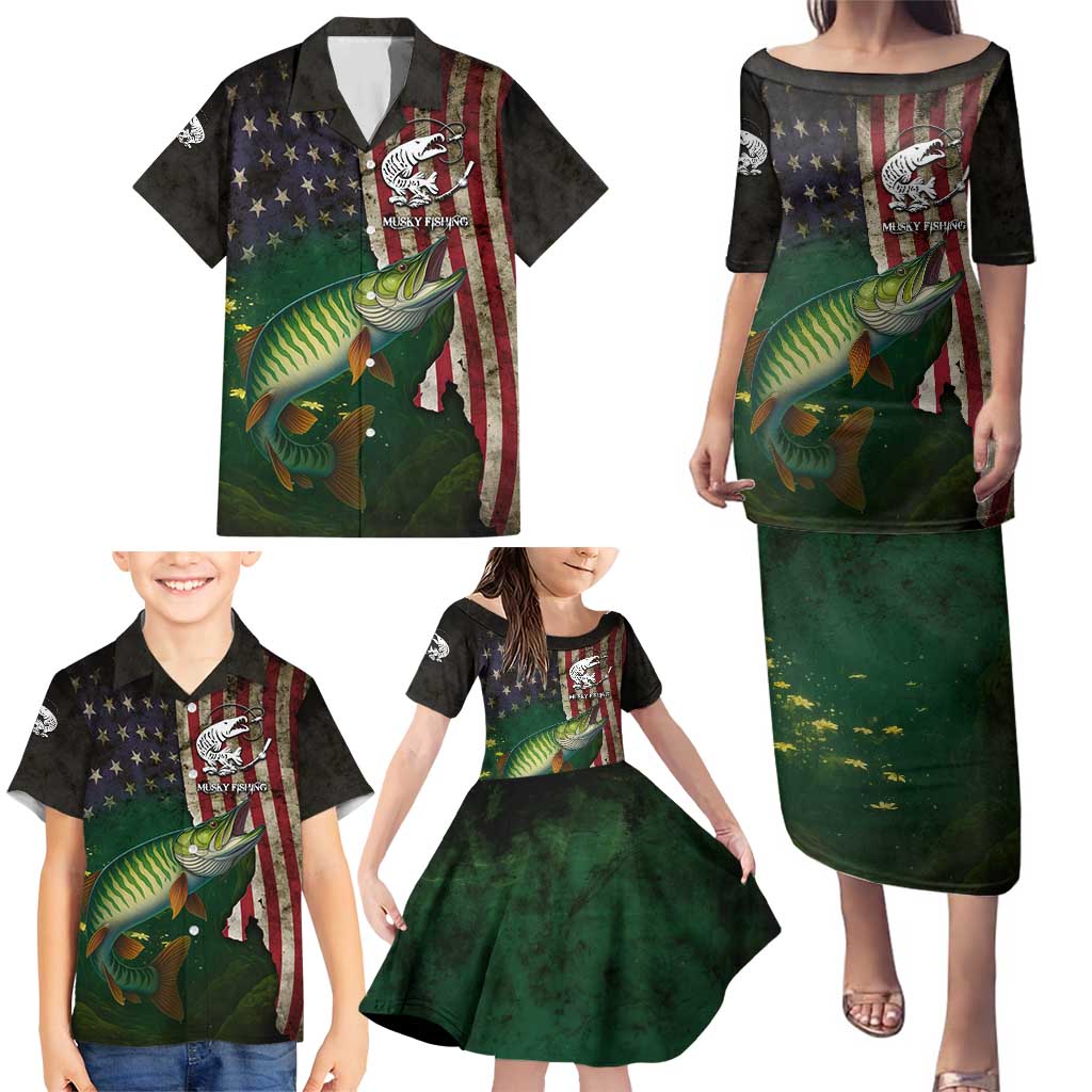 Musky Fishing Design Family Matching Puletasi and Hawaiian Shirt with American Flag Background and Custom Name Print - Wonder Print Shop