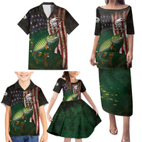 Musky Fishing Design Family Matching Puletasi and Hawaiian Shirt with American Flag Background and Custom Name Print - Wonder Print Shop