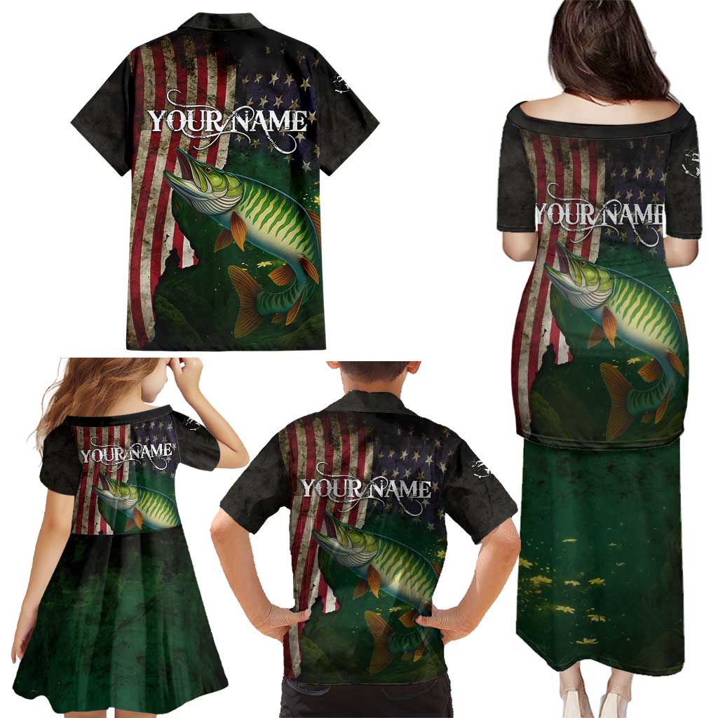 Musky Fishing Design Family Matching Puletasi and Hawaiian Shirt with American Flag Background and Custom Name Print - Wonder Print Shop