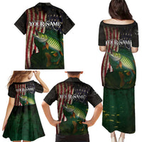 Musky Fishing Design Family Matching Puletasi and Hawaiian Shirt with American Flag Background and Custom Name Print - Wonder Print Shop