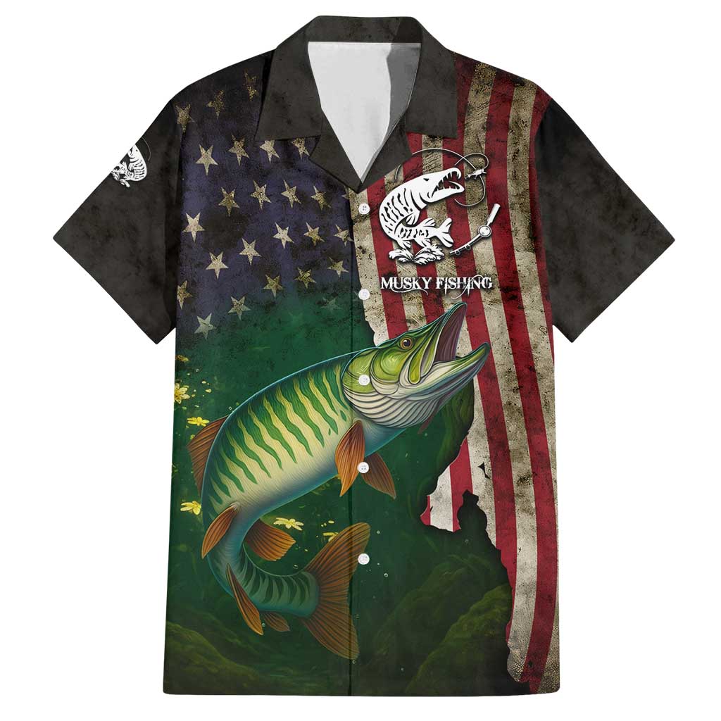 Musky Fishing Design Family Matching Puletasi and Hawaiian Shirt with American Flag Background and Custom Name Print - Wonder Print Shop