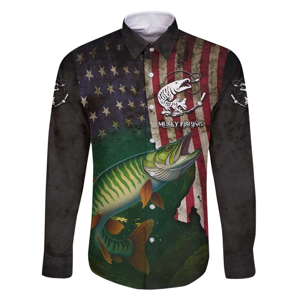 Musky Fishing Design Family Matching Puletasi and Hawaiian Shirt with American Flag Background and Custom Name Print - Wonder Print Shop