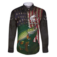 Musky Fishing Design Family Matching Puletasi and Hawaiian Shirt with American Flag Background and Custom Name Print - Wonder Print Shop