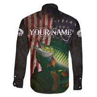Musky Fishing Design Family Matching Puletasi and Hawaiian Shirt with American Flag Background and Custom Name Print - Wonder Print Shop