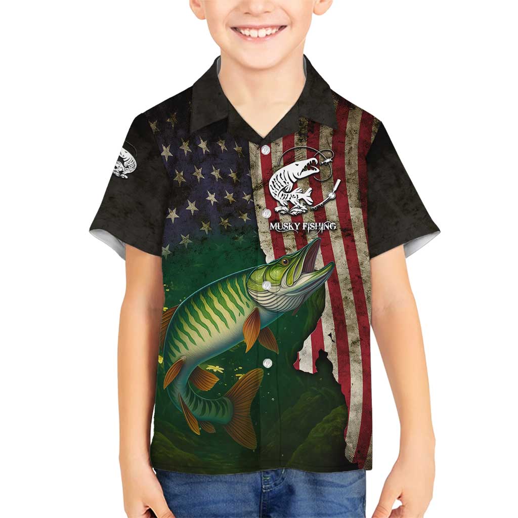 Musky Fishing Design Family Matching Puletasi and Hawaiian Shirt with American Flag Background and Custom Name Print - Wonder Print Shop