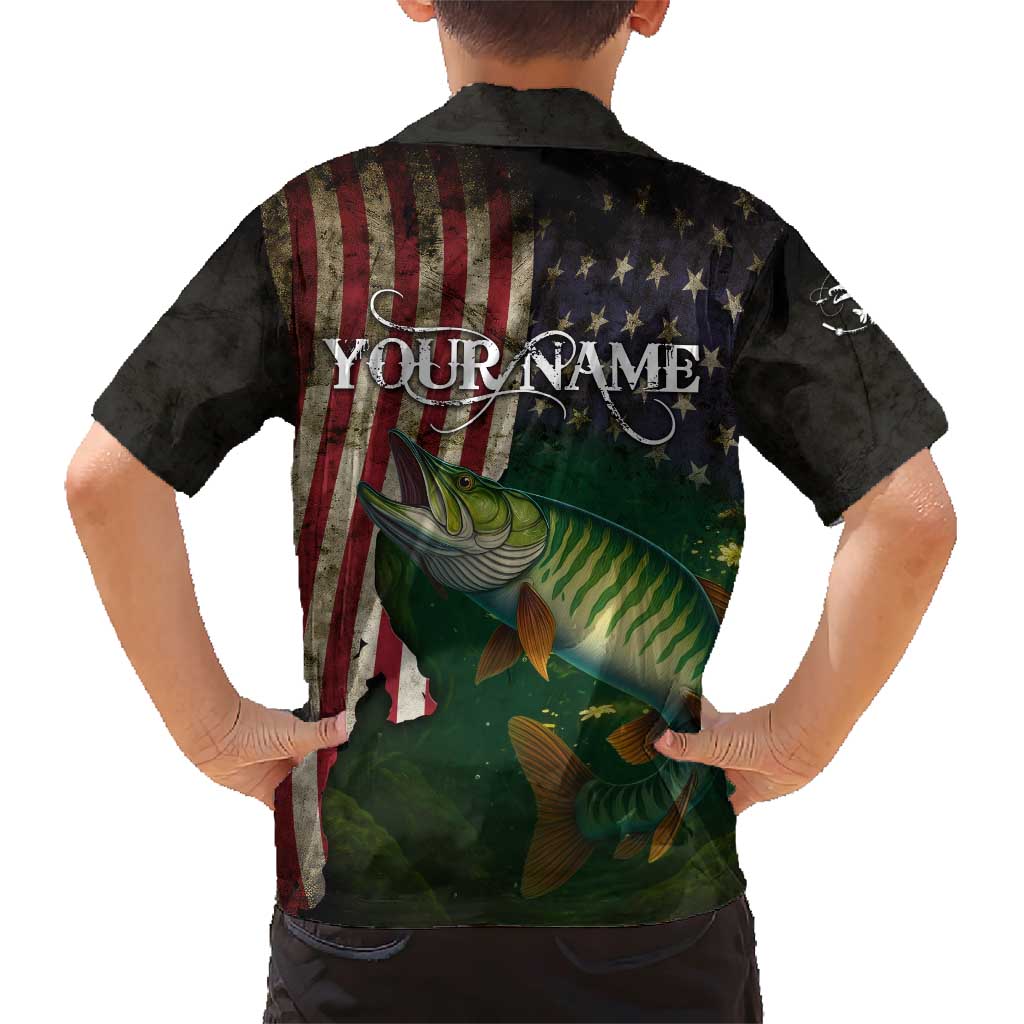 Musky Fishing Design Family Matching Short Sleeve Bodycon Dress and Hawaiian Shirt with American Flag Background and Custom Name Print - Wonder Print Shop