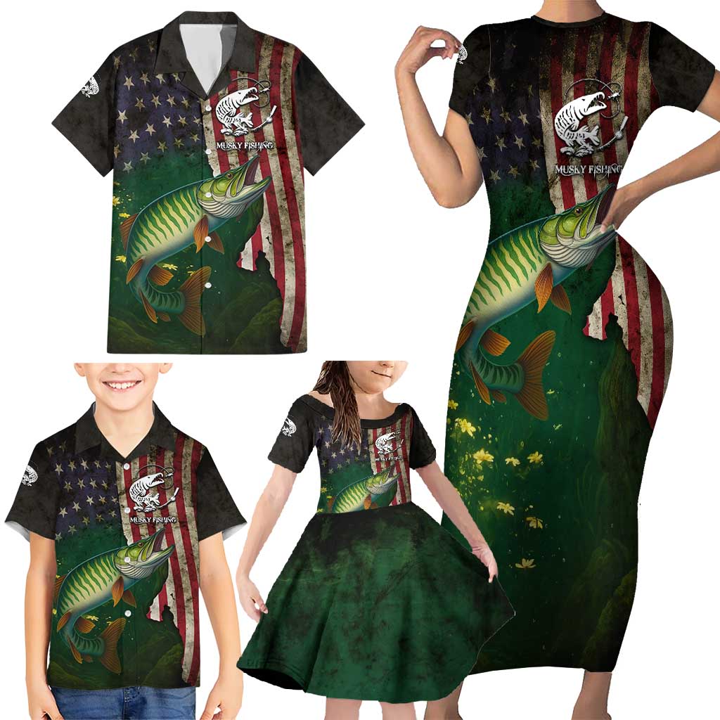 Musky Fishing Design Family Matching Short Sleeve Bodycon Dress and Hawaiian Shirt with American Flag Background and Custom Name Print - Wonder Print Shop