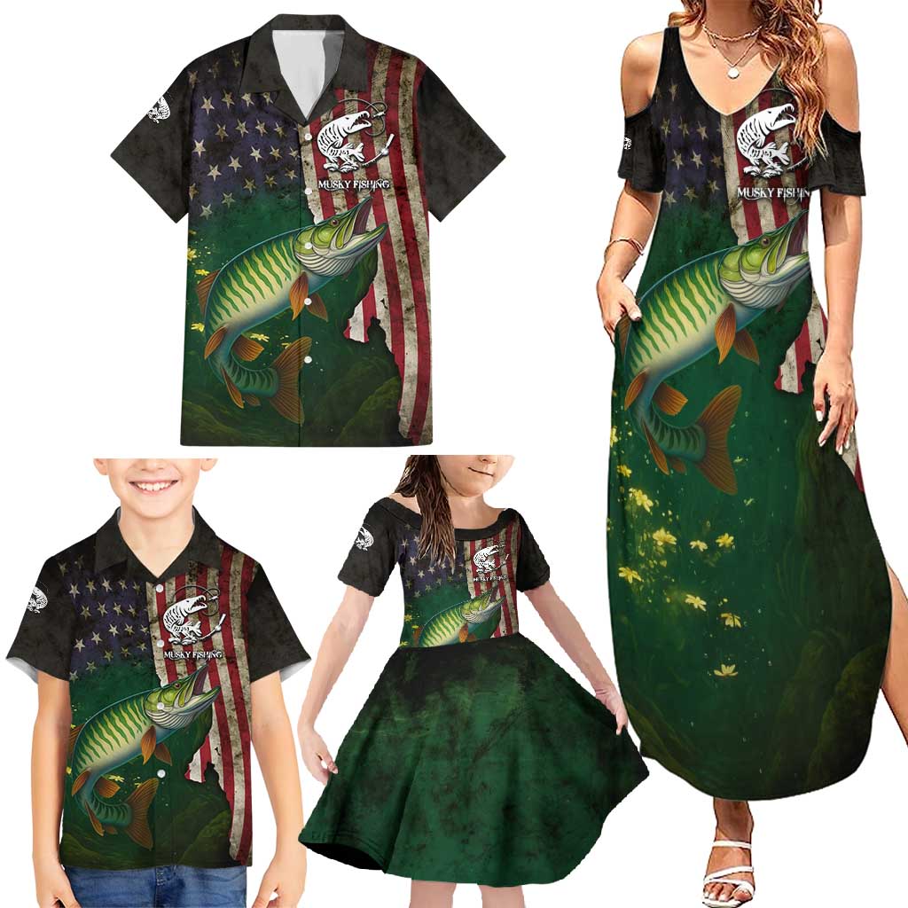 Musky Fishing Design Family Matching Summer Maxi Dress and Hawaiian Shirt with American Flag Background and Custom Name Print - Wonder Print Shop