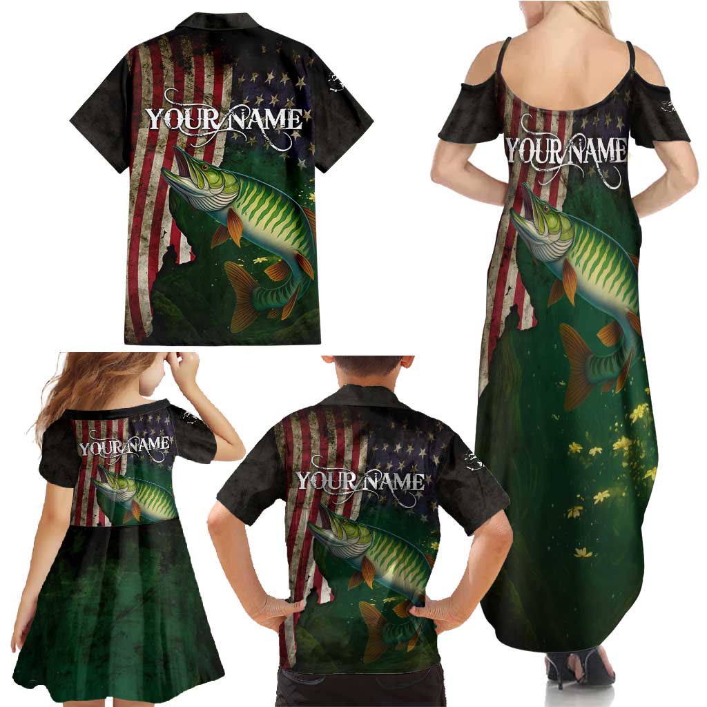 Musky Fishing Design Family Matching Summer Maxi Dress and Hawaiian Shirt with American Flag Background and Custom Name Print - Wonder Print Shop