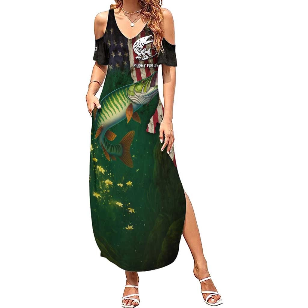 Musky Fishing Design Family Matching Summer Maxi Dress and Hawaiian Shirt with American Flag Background and Custom Name Print - Wonder Print Shop